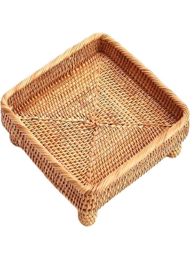 i-lan 9" Square Rattan Decorative Riser for Display,Small Items Serving Basket Vanity Tray - Square Woven Bread, Fruit, Keys Bowl Pedestal Stand,Flat Wicker Decorative Snack Trays for Candy Dish - Image 1